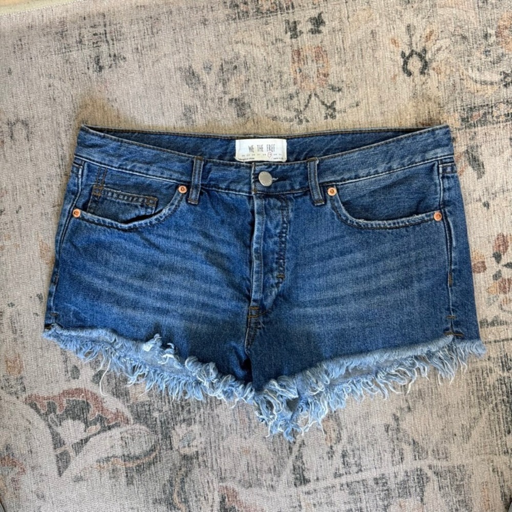 Free People Jean Shorts Women 29 Blue Fringe Hem Mid Rise Festival Boho Denim